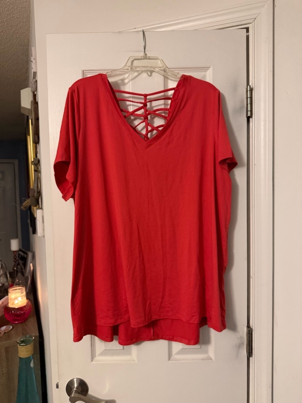 Livi Active Red Short Sleeve V-Neck Tee with Lattice Back